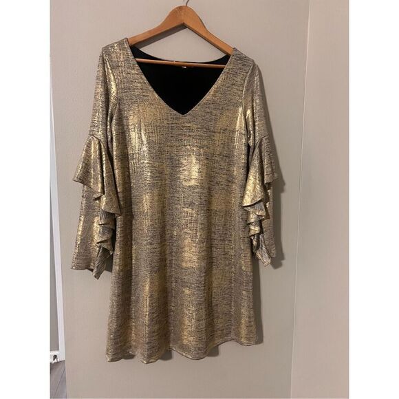 Gibson Latimer S Ruffle Statement Sleeve Cocktail Mini Dress Gold Metallic Party - Picture 2 of 10